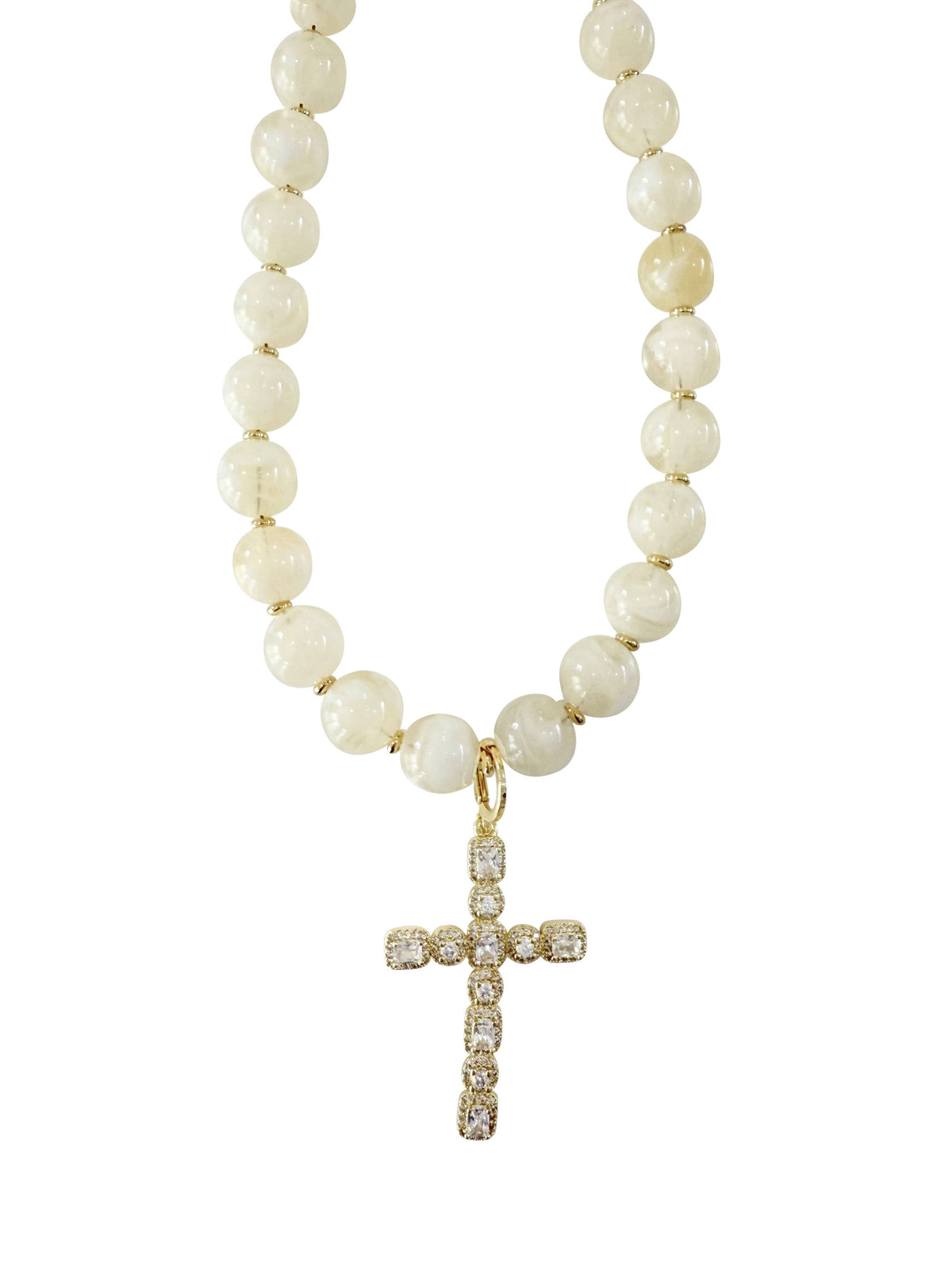 Cream Beaded Necklace with CZ Cross