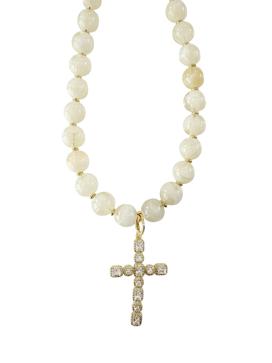 Cream Beaded Necklace with CZ Cross