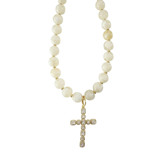 Cream Beaded Necklace with CZ Cross
