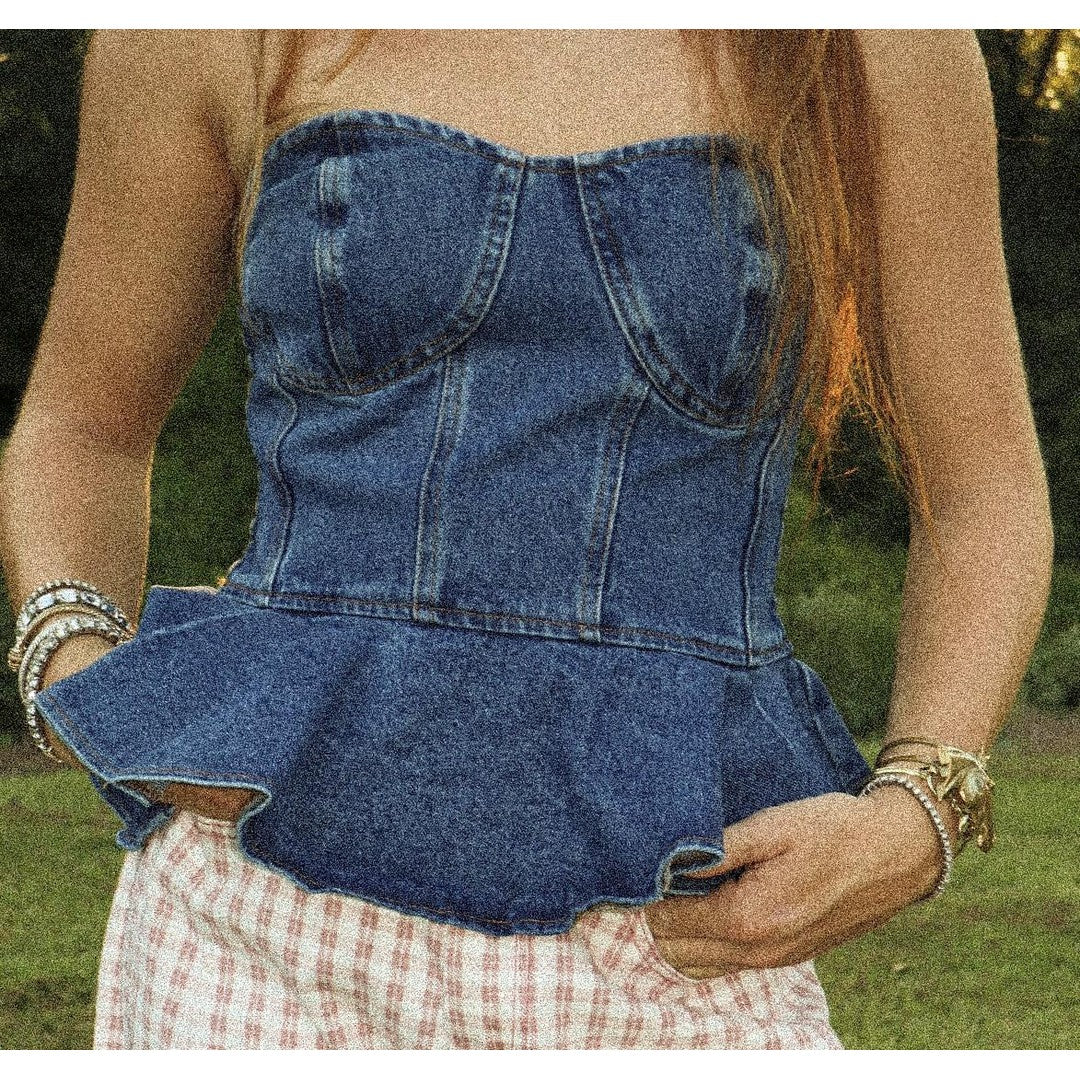 Denim Strapless Peplum Top