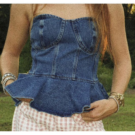 Denim Strapless Peplum Top